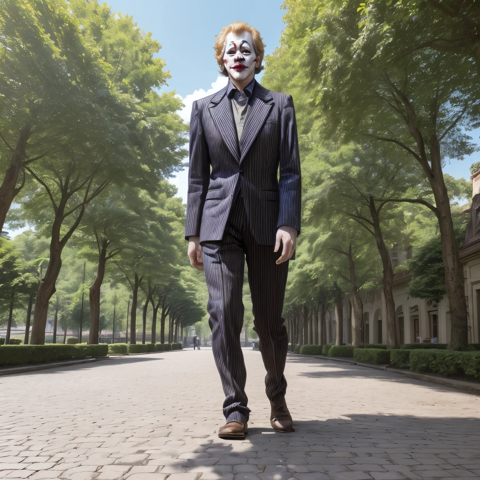The Jocker walking sideways in a square surrounded by trees and plants with a sunny sky