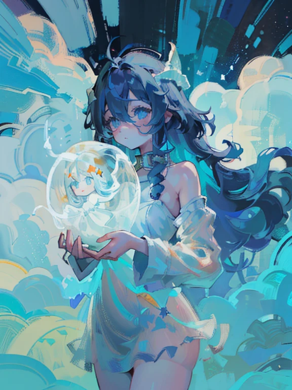 ((SFW)), (best quality,4k,8k, high res,masterpiece:1.2), ((masterpiece)), (((best quality))), slightly muted colors, hair color, hairstyle fax, eyes, clouds, flowy hair, stars in hair, adult, starry eyes, sea, ocean, celestial, hairstyle fax, deity, muted blue hair, sky-like hair with stars, ocean hair, soft smile, (({comforting aura})) (((abstract:0.5, melting elements from the painting, ghostly, transparent))), angel, luminous, bright character, ghostly luminous character, siren, mesmerizing siren