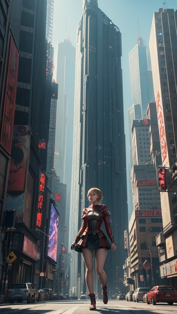 A giant woman in a red suit lying on top of a cyberpunk city, Little guys running around the giant girl, Standing on her hand, cgsociety 9, 2. 5 d cgi fantasy art, engine rendering unreal + a goddess, full body cgsociety, artgerm ; Hyper realistic 3d content, giant art, super detailed 3d matte paintings, super detailed 3d matte paintings, realistic fantasy art, realistic 3 d anime style. Beautiful girl. Big thighs."The little stood on the top of a high-rise building waving to the girl". jennifer Lawrence. Wear short skirts.