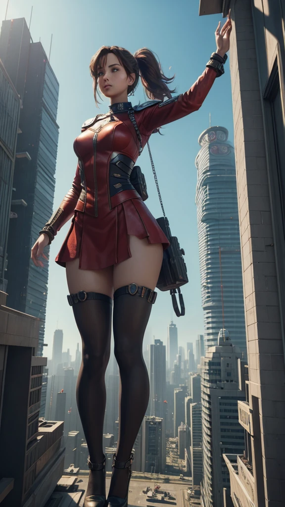 A giant woman in a red suit lying on top of a cyberpunk city, Little guys running around the giant girl, Standing on her hand, cgsociety 9, 2. 5 d cgi fantasy art, engine rendering unreal + a goddess, full body cgsociety, artgerm ; Hyper realistic 3d content, giant art, super detailed 3d matte paintings, super detailed 3d matte paintings, realistic fantasy art, realistic 3 d anime style. Beautiful girl. Big thighs."The little stood on the top of a high-rise building waving to the girl". jennifer Lawrence. Wear short skirts.