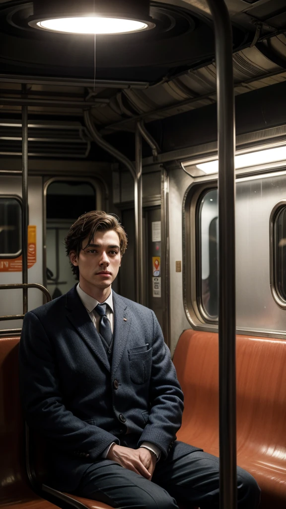 realistic art. Man sitting in train carriages (Underground).