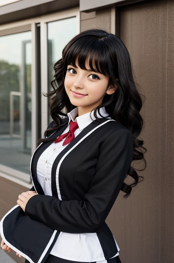 Anime girl with curly black hair with brown eyes, brunette with My Hero Academia uniform