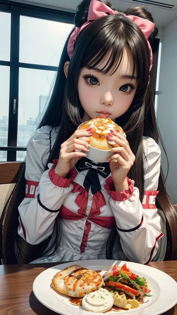 Robot girl woman with beautiful face sitting and eating mukbang .yummy . ta. Girl 18.