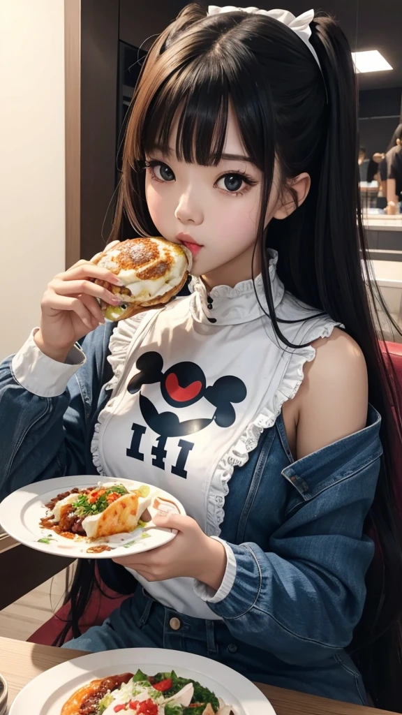 Robot girl woman with beautiful face sitting and eating mukbang .yummy . Lolita. Girl 18.