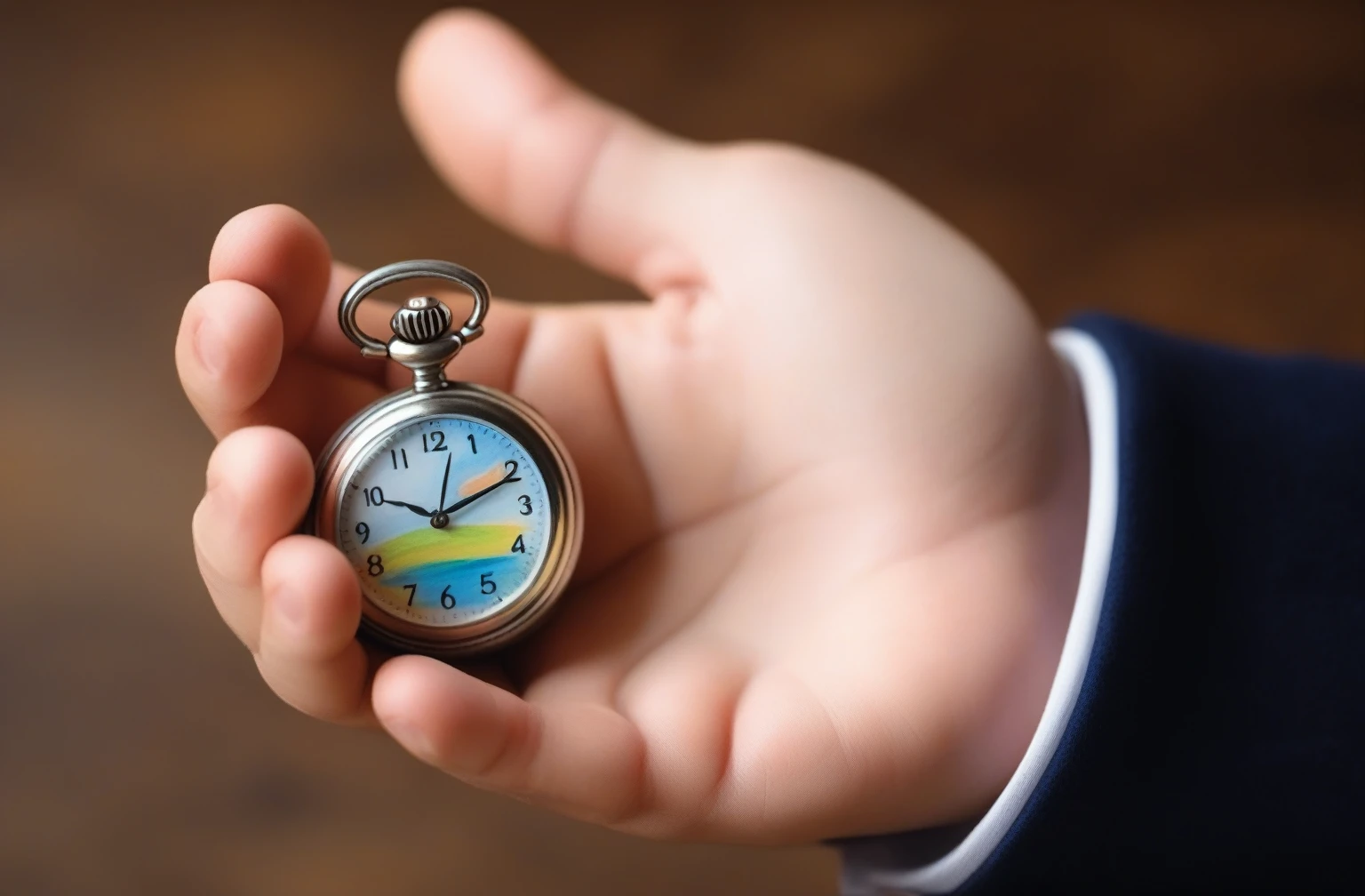 children's picture books,crayon paintings Pocket Watches on the palm of a hand