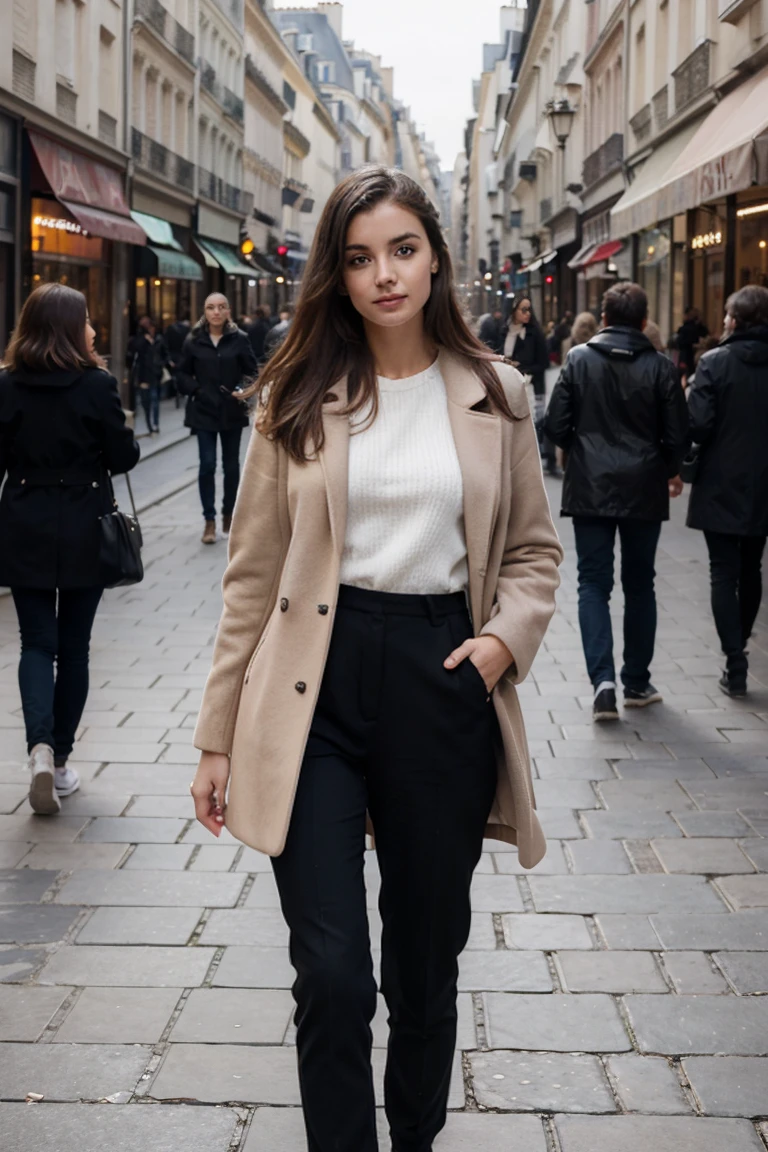 Fille italienne de 25 ans, Beau, merveilleux, se promener au centre de Paris, 1 fille, réel, très haute résolution, 8k, élégant coat, luxe, Champs-Élysées, boucles d'oreilles en perles, élégant, rouge à lèvres, sourire léger, nuit