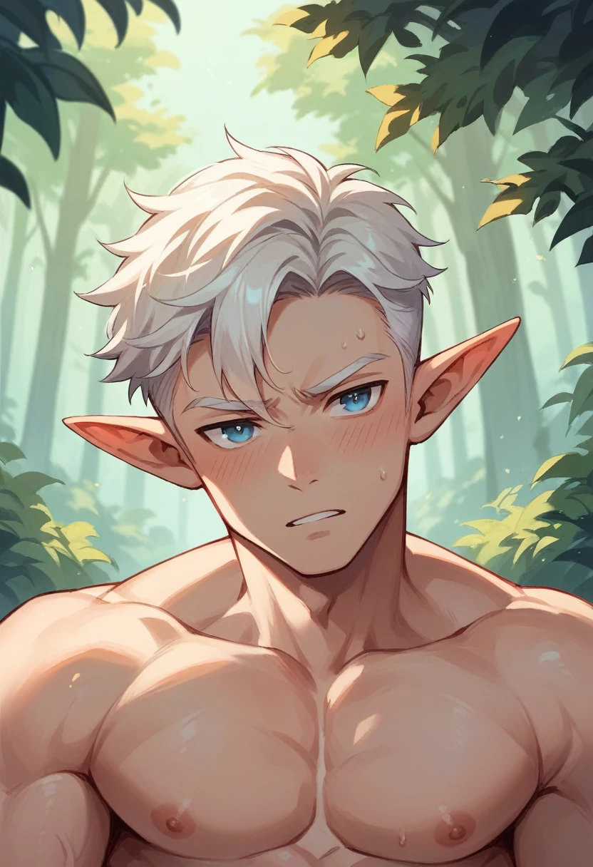 Handsome young man, elf ears, blue eyes, white hair, forest background, dick