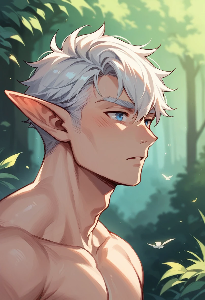 Handsome young man, elf ears, blue eyes, white hair, forest background, dick