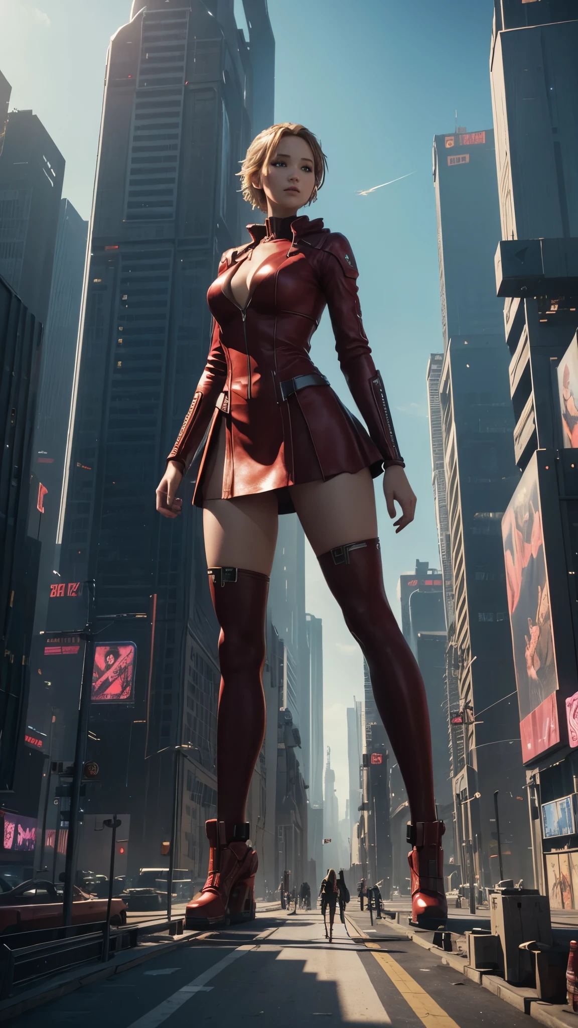 A giant woman in a red suit lying on top of a cyberpunk city, Little guys running around the giant girl, Standing on her hand, cgsociety 9, 2. 5 d cgi fantasy art, engine rendering unreal + a goddess, full body cgsociety, artgerm ; Hyper realistic 3d content, giant art, super detailed 3d matte paintings, super detailed 3d matte paintings, realistic fantasy art, realistic 3 d anime style. Beautiful girl. Big thighs."The little stood on the top of a high-rise building waving to the girl". jennifer Lawrence. Wear short skirts.