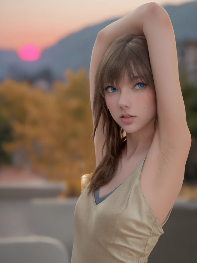 selfie ,Taylor swift  at party, sunset in background,  (skin textures:0.9) . f8.0,shot by iphone 4, light, golden hour, Blue eyes , natural features, armpits textures, looking at the camera ,arms up showing Sweaty armpits,low light,2000's old photo,poor lighting