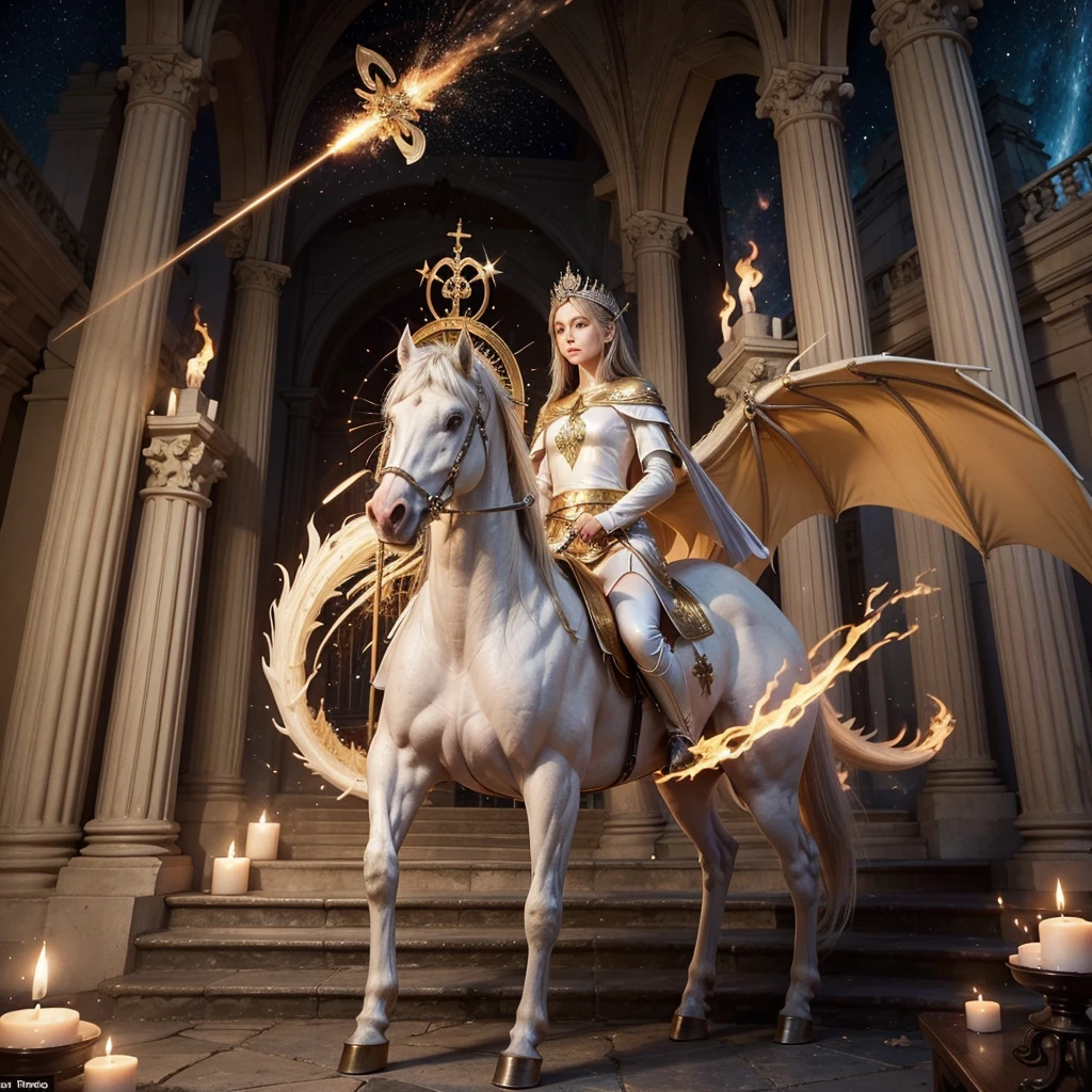 - **To the left**:
- **Saint George**: Ride your white horse, raising his spear after defeating a dragon, symbolizing courage and victory.
- **Ogun**: Posicionado ao lado de Saint George, with a firm and determined posture, ready to protect and defend.
- **on the right**:
- **St. Michael the Archangel**: With its imposing wings open, holding a flaming sword while stepping over a defeated dragon, representando justiça e divine protection.
- **Santa Maria da Conceição**: In a serene pose, enveloped in an aura of peace and love, with a crown of stars and holding the baby Jesus, symbolizing purity and motherhood.
- **General Context**:
- **celestial vibe**: The scene is illuminated by a divine light coming from the sky, highlighting all the characters in an atmosphere of sacredness and spiritual protection.
- **Balance and Interaction**: The disposition of the characters reflects a symbolic harmony between strength and serenity, protection and peace, all united under the divine light that emanates from above.
This central composition creates a powerful image, where each element represents an important aspect such as courage, divine protection, serenity and purity, all unified in a common purpose of spiritual well-being and security.