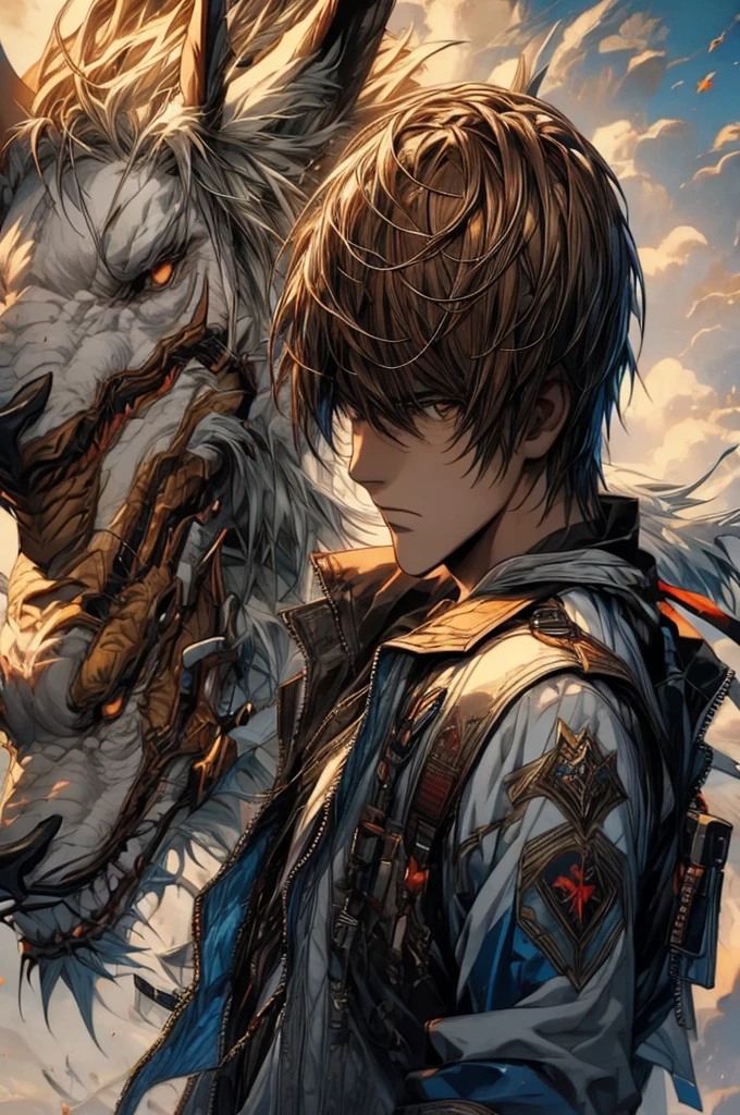 masterpiece, best quality, illustration, 1boy, solo, male focus, looking at viewer, upper body, , , , light_yagami, , bomber jacket, , fairytale, 12k resolution