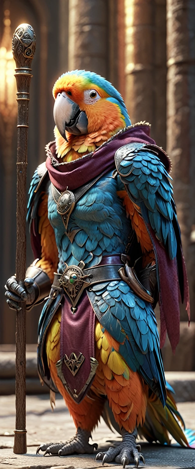 Close-up shot of a parrot, Parrot Wizard，whole body, magic circle，Carrying a walking stick, wizard dressを着ている, Dungeon Background, High resolution, masterpiece, Highest quality, Super detailed, Super detailed, Ultra-realistic,
 Hong Kong Style, 3D Fluffy, Cute and adorable close-ups, Cute big round reflective eyes, Long fuzzy fur, Pixar Rendering, unreal engine Cinematic smooth, Exquisite detail, Cinematic