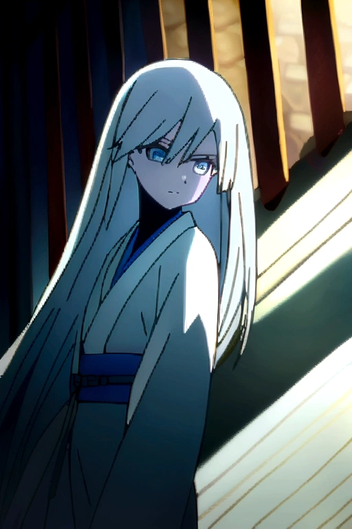 Demon slayer screencap of a 22 year old japanese anime female with straight white hair and blue streaks at the end, blue eyes, pale skin, wearing a white kimono with blue flowers. 