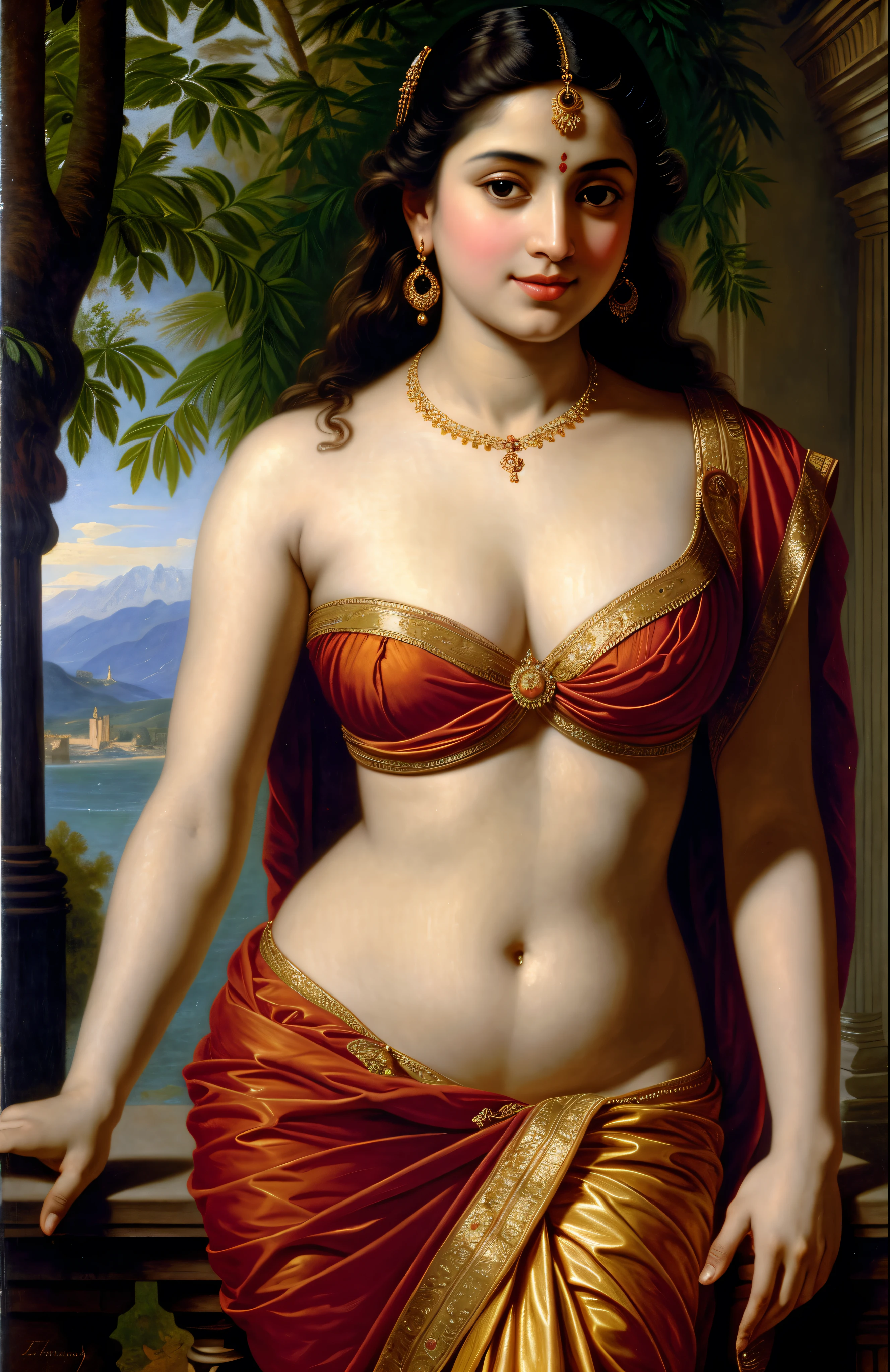 Looks like Jannat Zubair, Beautiful Indian Woman, wearing saree, sari Beauty, gorgeous, curvy, sexy navel folds, Apsara, Maharani, royal queen woman, nymph from Hindu Mythology, Urvashi, matchless beauty, Highly detailed, Oil Painting by Peter Paul Rubens inspired by Raja Ravi Varma, Matchless beauty, captivating, gorgeous, heavenly beauty, celestial beauty, by Peter Paul Rubens, 13, realistic, hyper realistic, micro details, incredible artwork, insane details, ultra High resolution, 8k, 32k, acrylic on canvas, intricate, flawless, detailed, detailed face, detailed eyes, masterpiece, by Peter Paul Rubens, by Caravaggio, by William Adolphe bouguereau, perfect face, perfect body, beautiful art, realism, baroque, renaissance Art, highly textured, beautiful and detailed eyes, uhd, best quality,