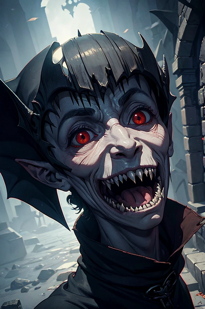 ((masterwork)) medieval ages, nosferatu, little boy, sharp teeth, monstrous face, alone, nighttime