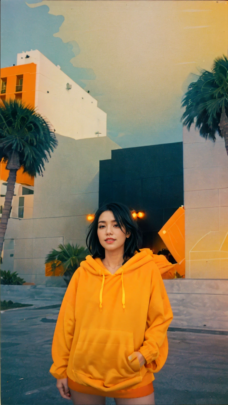 ((long shot photography)) ((best quality)), ((masterpiece)), (detailed),upper body,close-up, 8k, RAW photo,1 girl,smilie,real polaroid photo, beautiful, ultra-realistic,detail face ,light leak,dark intens shadow ,(black pixie hair, almond eye, no makeup, (((blank oversized orange hoodie))), (yellow color skirt),the scene takes in front The Carlyle Hotel, South Beach, Miami, Florida, USA
(very detailed:1.1),(from below:1.2), (realistic:1.1), (surreal:1.2),palm trees,sunny,summer, blue sky