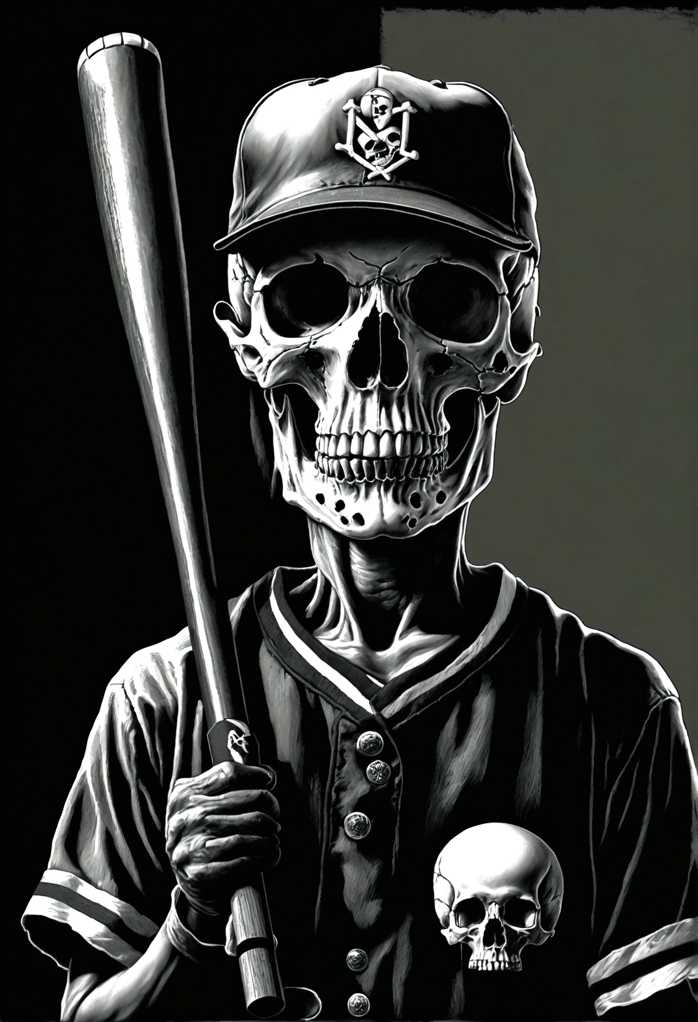 Imagine a hyper-realistic pencil drawing in black and white, capturing an eerie, macabre scene. At the center, a detailed skull is adorned in a classic baseball uniform, complete with a striped jersey and a fitted cap tilted slightly to one side. The skull's empty eye sockets and toothy grin add to the unsettling atmosphere. It grips a baseball bat firmly in its bony hands, poised as if ready to swing. The scene is bathed in dramatic lighting, with sharp contrasts between light and shadow, emphasizing the hollow depths of the skull and the texture of the uniform fabric. The background fades into darkness, enhancing the sense of fear and dread. The artist's meticulous attention to detail is evident in the lifelike shading and the intricate lines of the skull and uniform. The composition is framed perfectly, creating a chilling juxtaposition of life and death, light and dark, sport and the macabre. The excellent post-production work further enhances the hyper-realistic quality of this haunting, surreal image.