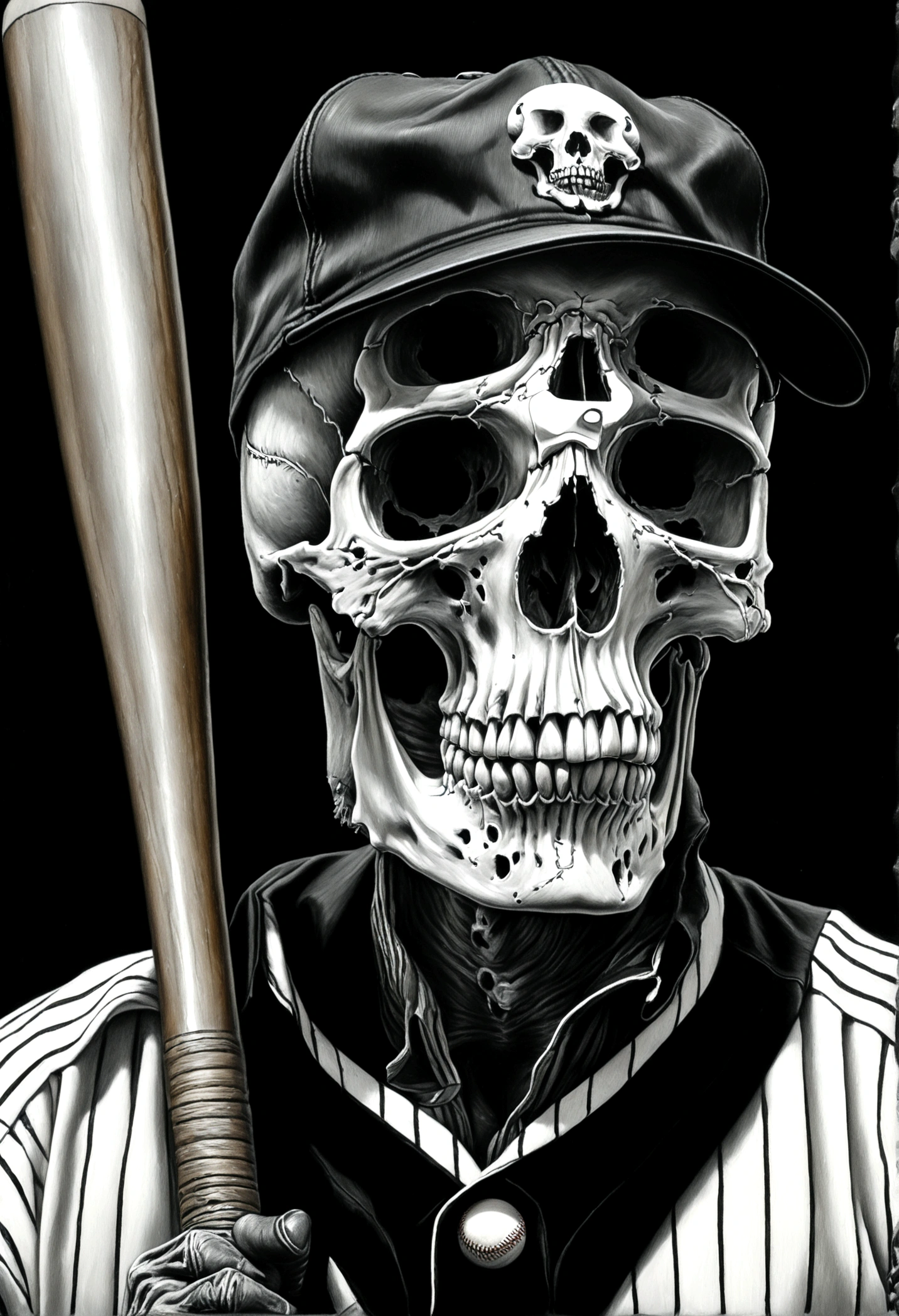 Imagine a hyper-realistic pencil drawing in black and white, capturing an eerie, macabre scene. At the center, a detailed skull is adorned in a classic baseball uniform, complete with a striped jersey and a fitted cap tilted slightly to one side. The skull's empty eye sockets and toothy grin add to the unsettling atmosphere. It grips a baseball bat firmly in its bony hands, poised as if ready to swing. The scene is bathed in dramatic lighting, with sharp contrasts between light and shadow, emphasizing the hollow depths of the skull and the texture of the uniform fabric. The background fades into darkness, enhancing the sense of fear and dread. The artist's meticulous attention to detail is evident in the lifelike shading and the intricate lines of the skull and uniform. The composition is framed perfectly, creating a chilling juxtaposition of life and death, light and dark, sport and the macabre. The excellent post-production work further enhances the hyper-realistic quality of this haunting, surreal image.