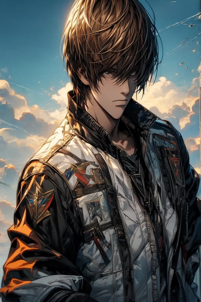 masterpiece, best quality, illustration, 1boy, solo, male focus, looking at viewer, upper body, , , , light_yagami, , bomber jacket, , fairytale, 12k resolution