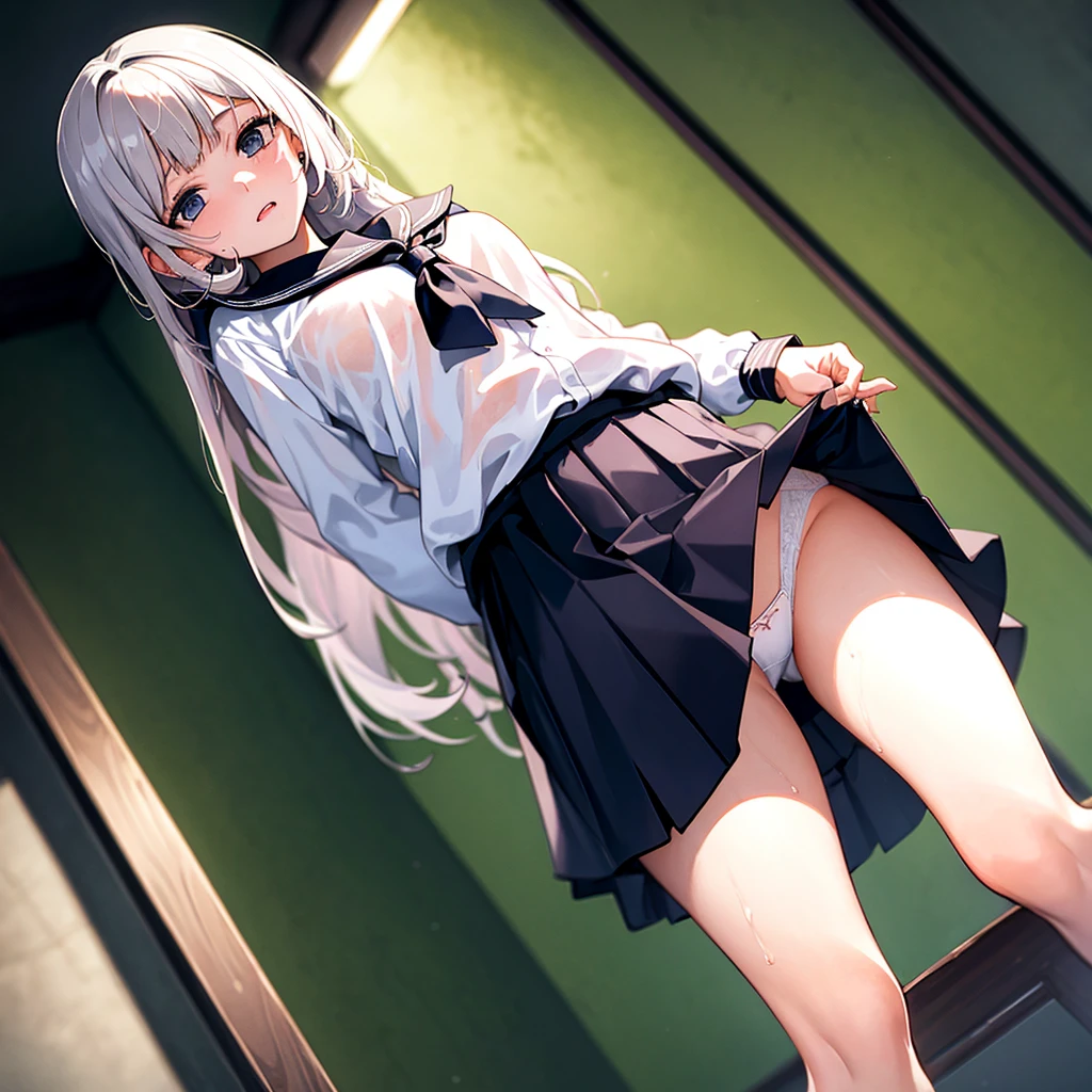 Photo masterpiece, Best quality, wallpaper, 1 girl, 14 years, , school, Beautiful face, wet blouse,lifted her skirt, stockings, white panties, in the center of the frame, slim.