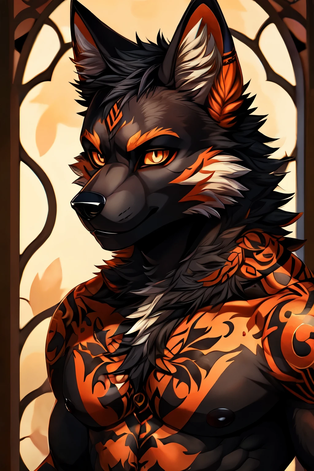 ((best quality)), ((masterpiece)), (detailed), male, wolf, orange eyes, black skin, chest tattoo, orange tattoo, furry