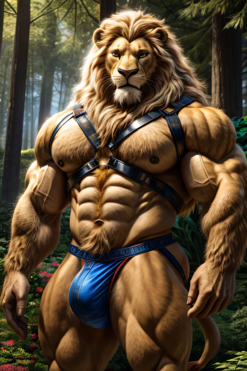 lion, werelion, male, long blond mane, big muscles, very muscular arm, muscular pectorals, extremely detailed eyes, very hairy body, daddy body, harness on the chest, in tight jockstrap, in a large garden, with very tall trees, looks at the viewer , realistic, photorealistic, 8k