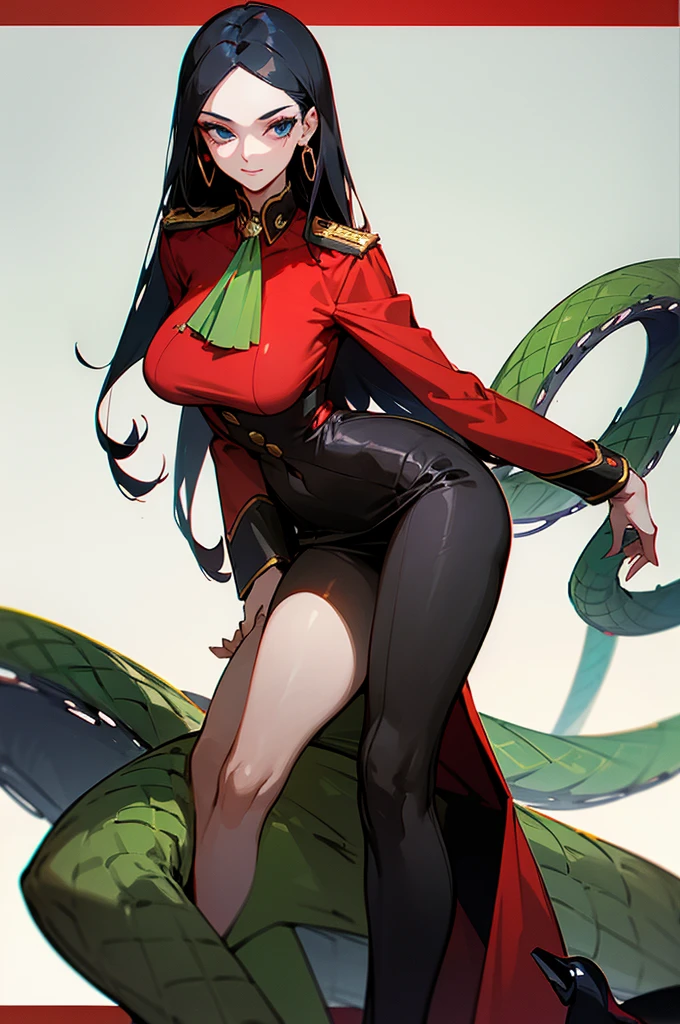 She is a very tall, thin woman with long black hair that extends to her hips with strands of hair that frame her face, large breasts, high forehead, blue eyes with voluminous eyelashes. Like most women in the series, she has a narrow waist. Her three measurements are: B111-W61-H91. She wears a revealing red blouse that shows much of her breasts and a loose skirt that exposes her long, slender legs, with the green symbol of a flower adorned on it, along with a white cape that sports epaulettes more commonly found on top jackets. Navy rank, and red high heels. With all of her clothes, she has been wearing a pair of gold earrings that resemble snakes and high heel shoes.