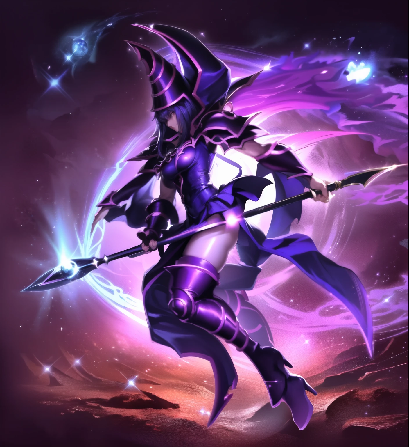 Anime girl with a sword and a purple background, Chica Maga Negra, dark Hechicera full view, epic mago girl character, dark Hechicera, dark Hechicera fullbody pose, beautiful celestial mago, female mago!, Hermosa chica maga oscura, Hechicera, female mago, estilo de arte arcano, mago, personaje de bruja oscura