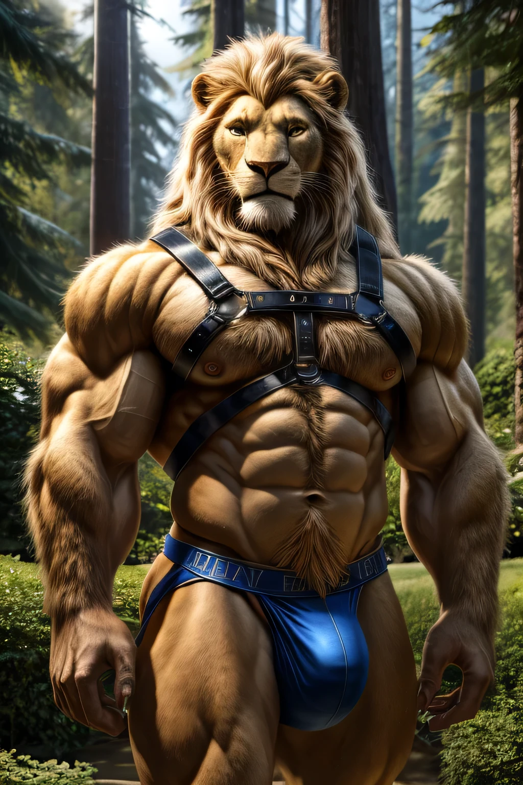 lion, werelion, male, long blond mane, big muscles, very muscular arm, muscular pectorals, extremely detailed eyes, very hairy body, daddy body, harness on the chest, in tight jockstrap, in a large garden, with very tall trees, looks at the viewer , realistic, photorealistic, 8k