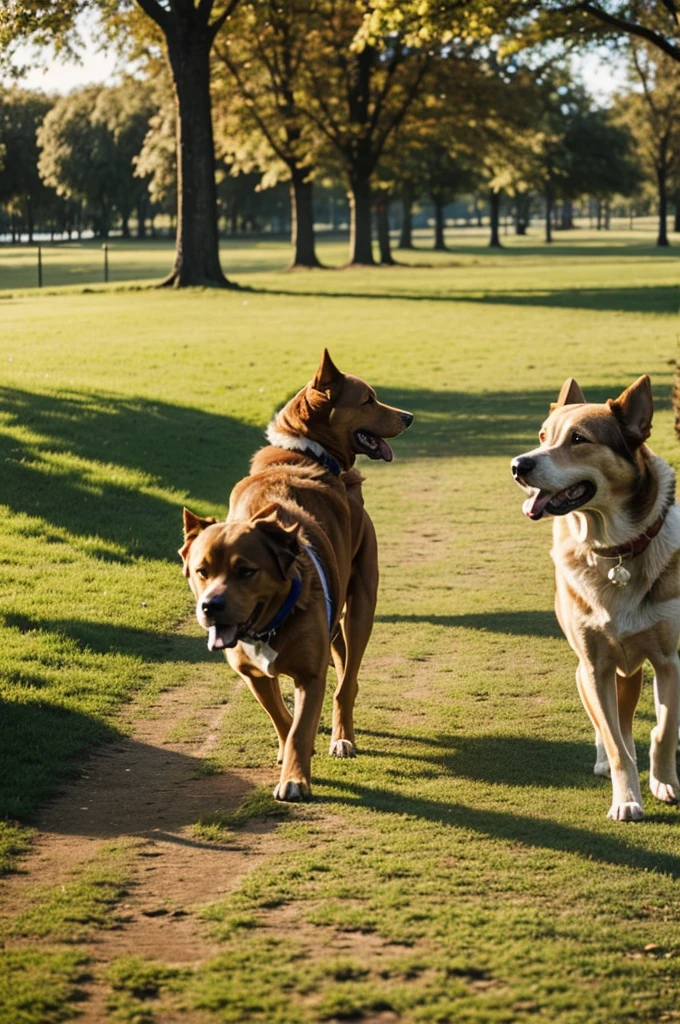 an image where two dogs meet, a brown dog and a white dog, both walking in a park