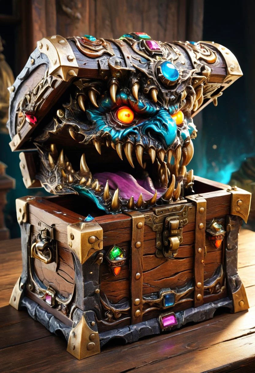 Treasure Box Monster Mimic, mimicry, Disguise as a treasure chest, a highly detailed intricate wooden chest, ancient weathered wood, metal trimmings, precious gemstones, glowing reflective surfaces, a mysterious face with sharp teeth, a long tongue emerging from the open mouth, thick interior compartments, cinematic still, emotional, vignette, dynamic, vivid, (masterpiece, best quality, Professional, perfect composition, very aesthetic, absurdres, ultra-detailed, intricate details:1.3)