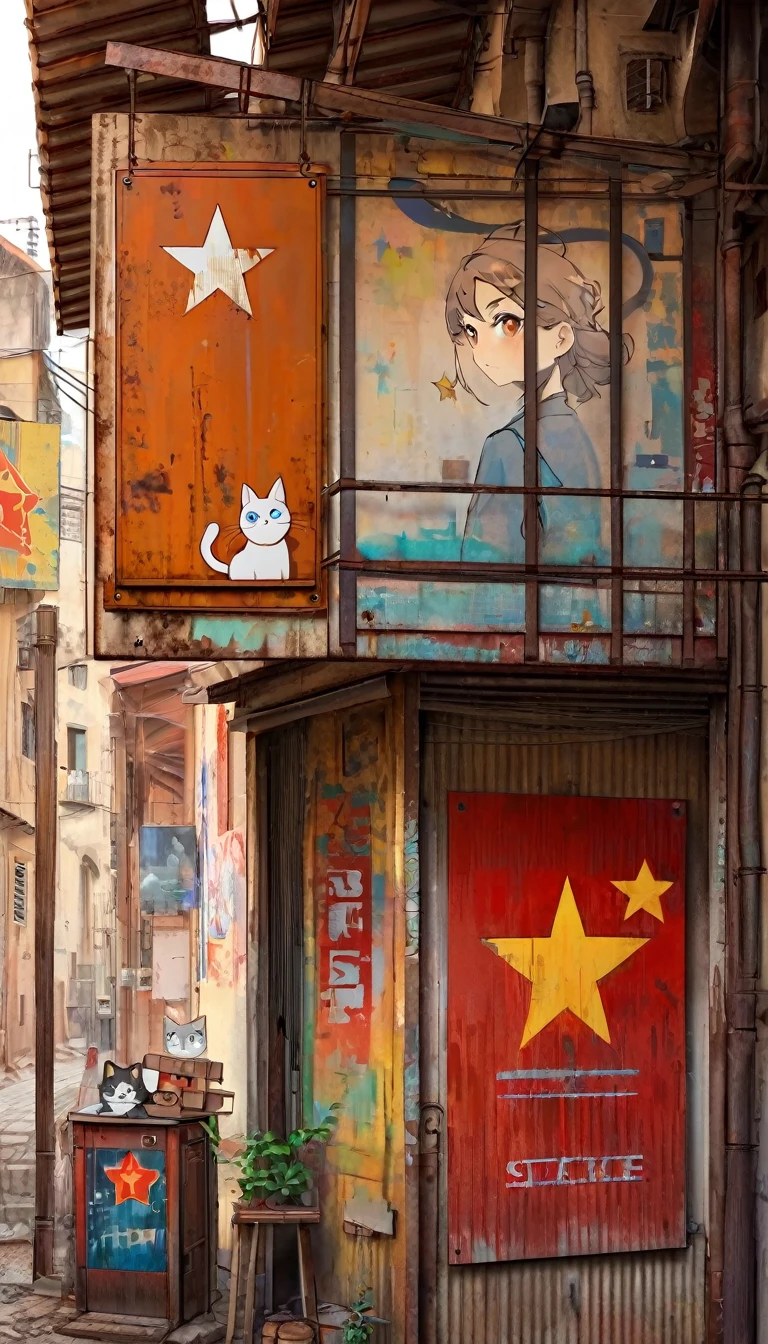 simple decorative rusty metal sign with a drawing of an 1cat and a 1communist star, (art inspired in Skottie Young and Bill Sienkiewicz). oil painting)