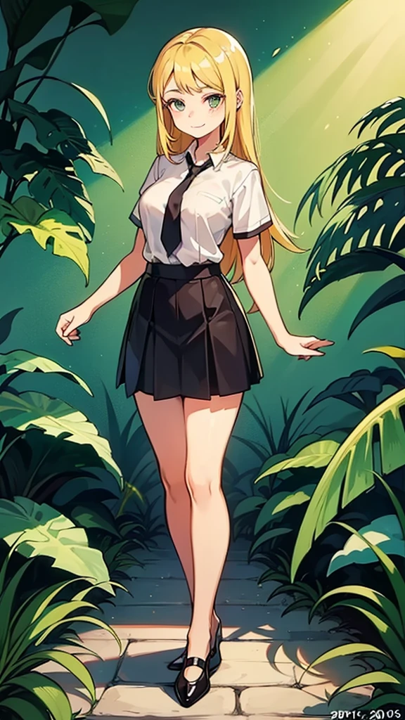 ((1girl ,20s,mature female,teen)),happy face,white shirt,short sleeves,(black standard tie),white school skirt,blonde hair,long hair,fmantis girl, full body, jungle,
