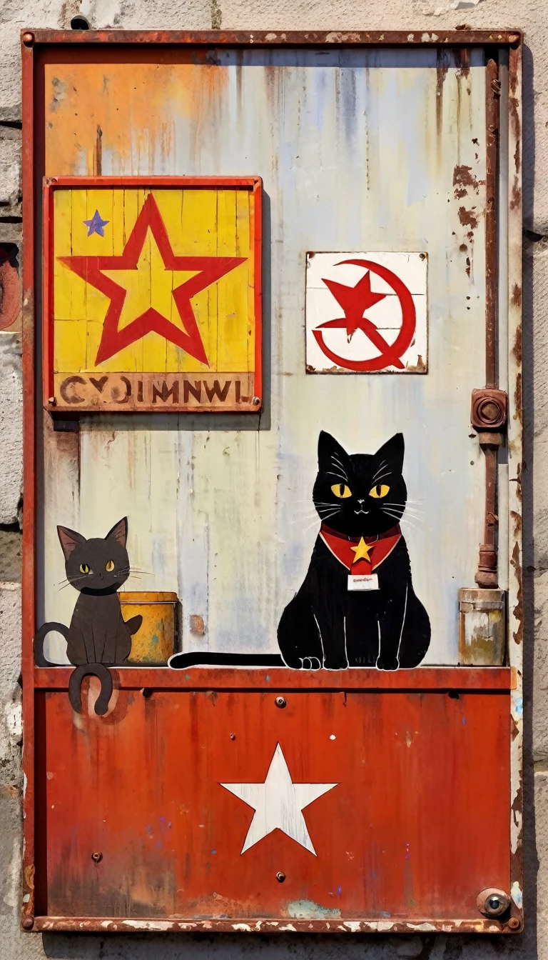 simple decorative rusty metal sign with a drawing of an 1cat and a 1communist star, (art inspired in Skottie Young and Bill Sienkiewicz). oil painting)