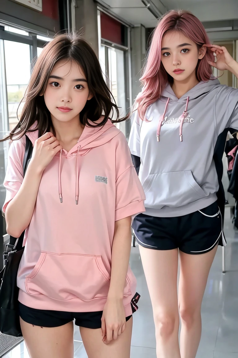 deux femmes ensemble de 18 ans sexy et mince , pink short sleeve hoodie , jambe visible , se touche,salle de classe,position sensuel