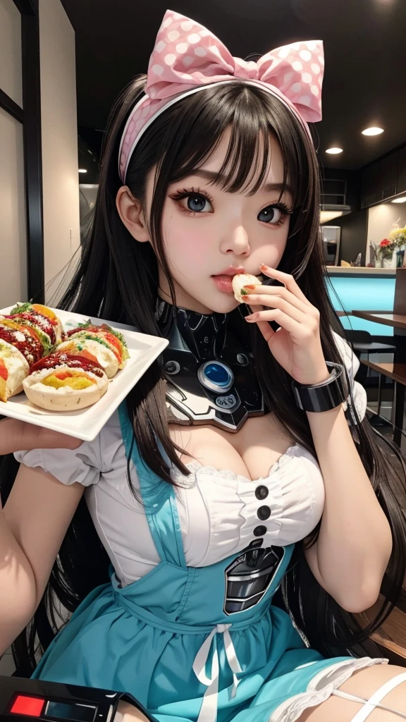 Robot girl woman with beautiful face sitting and eating mukbang .yummy . Lolita. Girl 18.