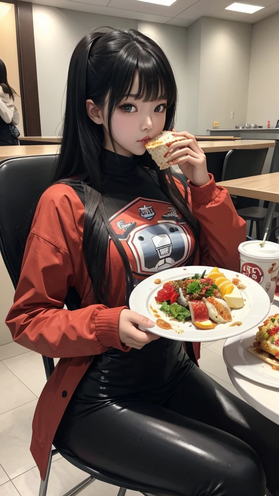 Robot girl woman with beautiful face sitting and eating mukbang .yummy . Lolita. Girl 18.