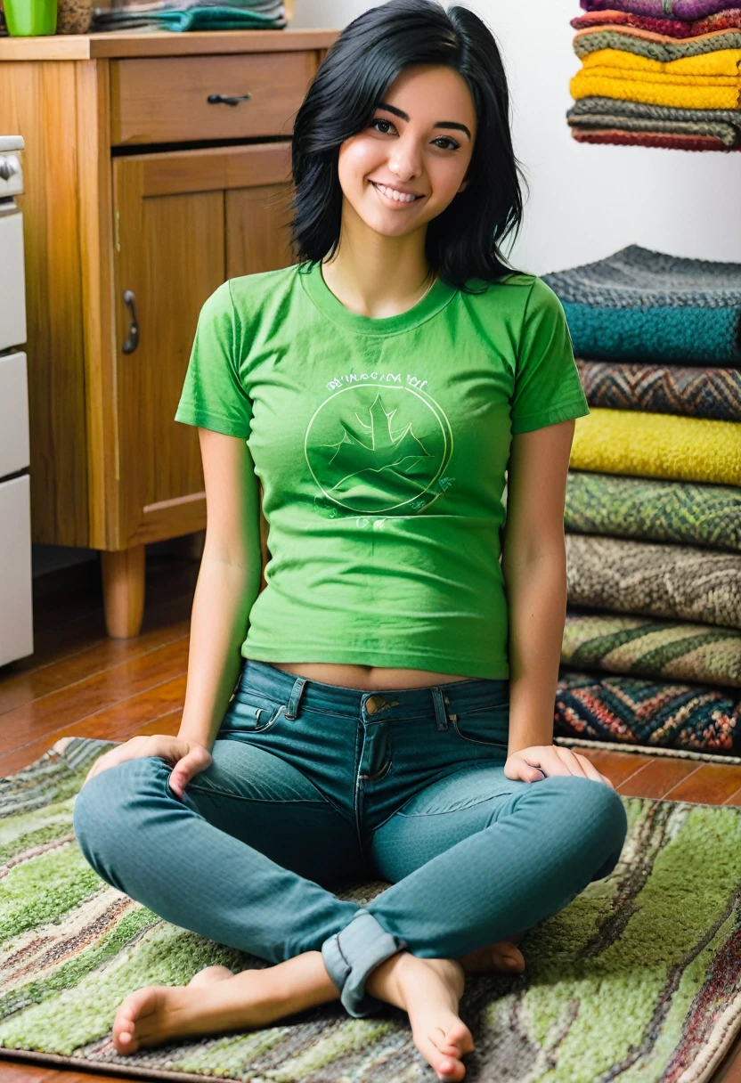 A age woman with black hair, green t-shirt showing her belly, jeans pants and barefoot, sitting on a rug