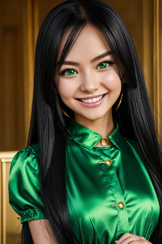Long black hair anime girl, bright emerald green eyes, golden clothes, wide smile with pointed teeth.