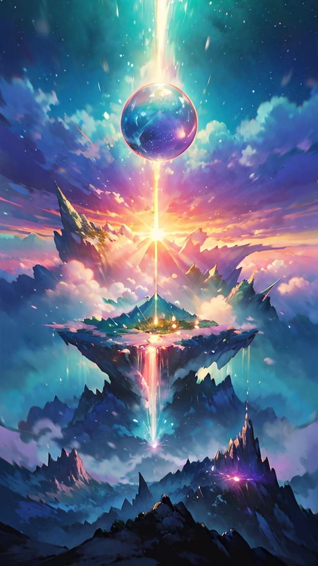 Visualize enchanting scenes from the magnificent world of romantic dreams. There are complex floating islands all around., Fluffy Clouds, Waterfall from a floating island, And vibrant, Surreal atmosphere. The atmosphere is mysterious and tranquil. Along with other vibrant gemstone tones、Include lots of pink tones in the image. This scene is depicted in anime-style illustrations., With smooth lines, Core Pastel, And a quirky touch. All the buildings are very elaborate and elegant.. This work、It expresses the mysterious beauty and tranquility of the dream world.。, Create a sense of harmony、Escape from the everyday world. Include Teal Water, Colorful watercolor sky, Shiny elements, And lots of little fantasy details, Includes rainbow colors, A magnificently crafted landscape, And shine and shine. More than anything, This must look like a fantasy piece of art..