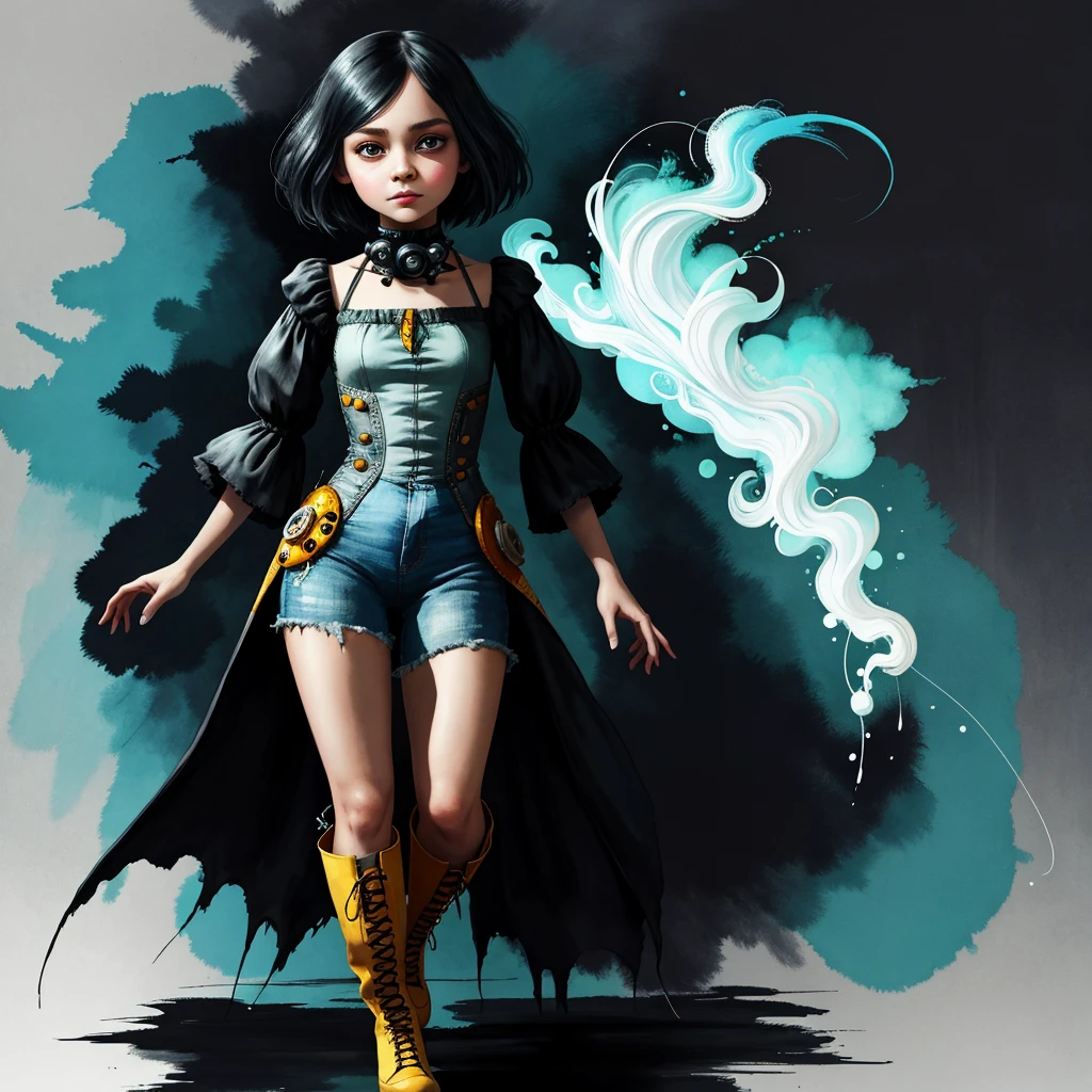 Anthropomorphic baby Tinfoil mutant character blending the distinct artistic techniques of Esao Andrews, modest and cute, showcasing sass, stands shyly, adorned in bright boots, big round eyes, pin-up art inspired by Nicola Samori, oil painting with mixed media textured backdrop, thin neck, full body within the composition, complex detailing, extremely contrasting, intricate patterns, backlighting creating an ethereal atmosphere, enhanced with fine ink rendering for sharp outlines and dry watercolor effects, digital