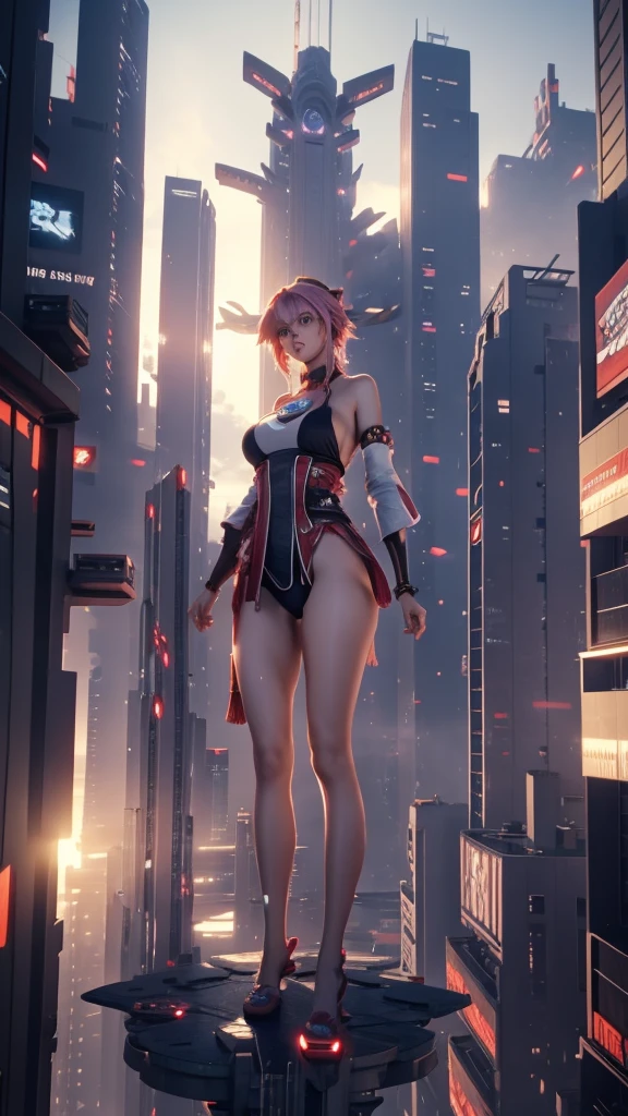 A giant woman in a bikini lying on top of a cyberpunk city, Little guys running around the giant girl, Standing on her hand, cgsociety 9, 2. 5 d cgi fantasy art, engine rendering unreal + a goddess, full body cgsociety, artgerm ; Hyper realistic 3d content, giant art, super detailed 3d matte paintings, super detailed 3d matte paintings, realistic fantasy art, realistic 3 d anime style. Beautiful girl. Big thighs."The boy stood on the top of a high-rise building waving to the girl"