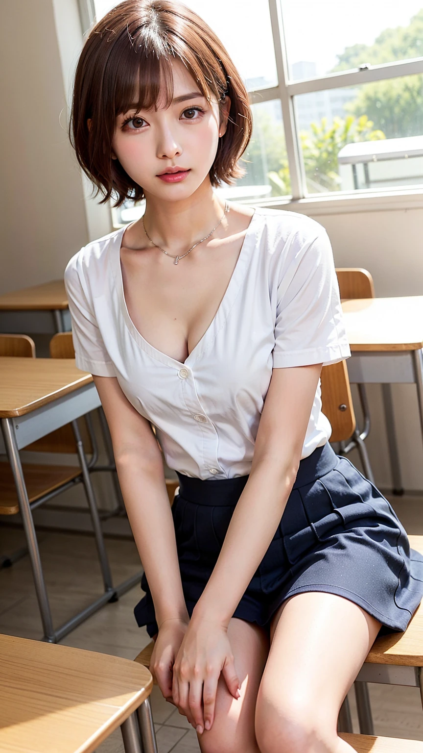 8K quality、High resolution、Beautiful fair skin texture、High resolutionの瞳、Japanese high school girls、Summer uniform、Open-neck short-sleeved white shirt、Cleavage、mini skirt、Brown Princess Hair、、Small breasts、Sweat accumulates in the chest、classroom