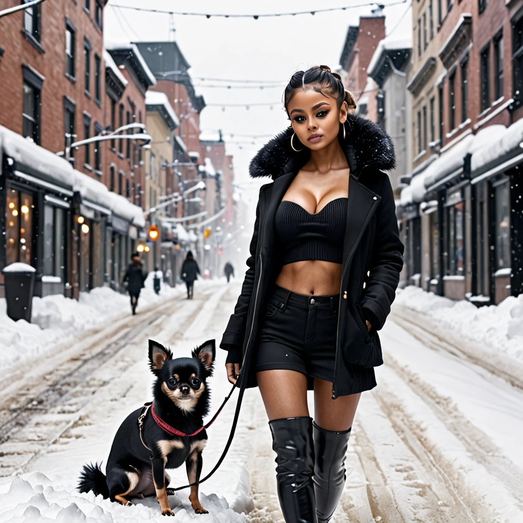 Best Quality,ultra high resolution,1 girl,Alone,whole body,snow,City,, black fur ,light brown skin and with a black chihuahua and black clothes and with big breasts 