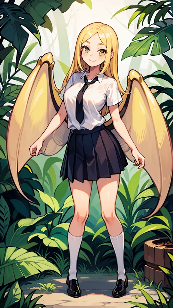 ((1girl ,20s,mature female,teen)),happy face,white shirt,short sleeves,(black standard tie),white school skirt,blonde hair,long hair,fmantis girl, full body, jungle,insect wings, compound eyes
