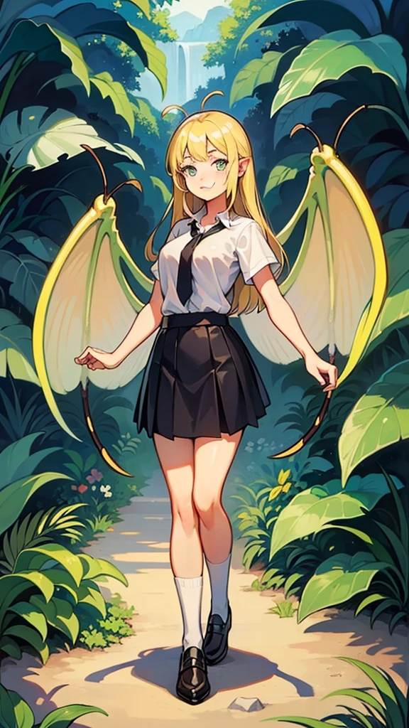 ((1girl ,20s,mature female,teen)),happy face,white shirt,short sleeves,(black standard tie),white school skirt,blonde hair,long hair,fmantis girl, full body, jungle,insect wings, compound eyes