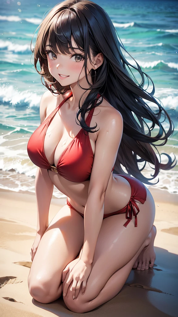 1girl, solo, bangs, aqua blue wavy hair, parted lips, brown eyes, long hair, smile, solo, two piece red halter swimsuit, sandy pier background, kneeling