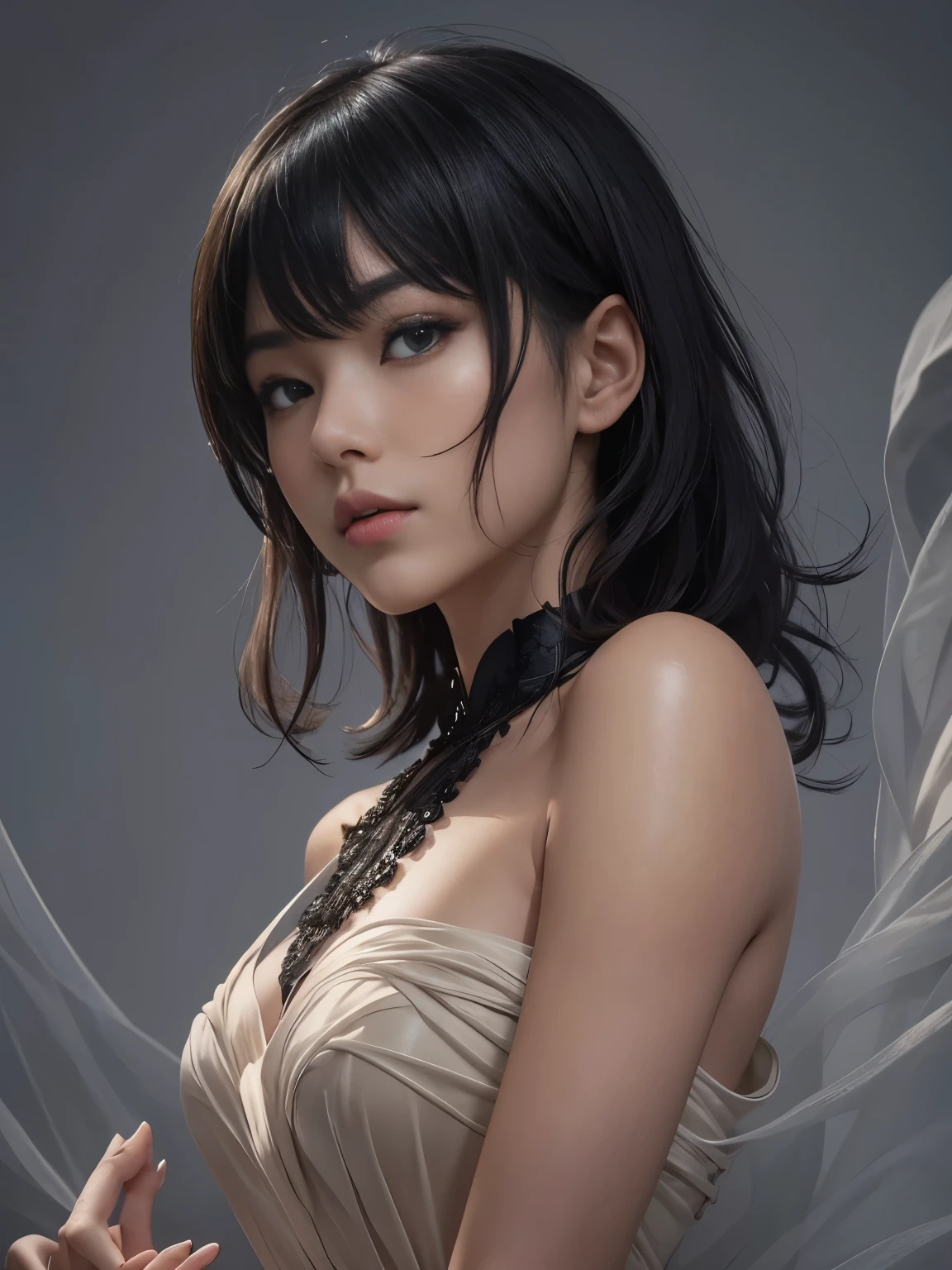 (Best quality, 8k, 32k, Masterpiece, UHD:1.2) "Generate a captivating artwork featuring a young Japanese girl model with short, sleek black hair styled in a chic bob haircut. Envision her bathed in dramatic cinematic lighting, creating an atmosphere of allure and mystery. Emphasize a romantic aesthetic vibe, showcasing the model in a poised and elegant pose that evokes a sense of intimacy and sophistication. Utilize warm and soft tones to enhance the romantic ambiance, and consider incorporating elements like flowing fabrics or flowers to add a touch of ethereal beauty. Capture the essence of romance and beauty through the model's expression, the play of light and shadows, and the overall aesthetic, creating a visually compelling and emotionally resonant piece." (perfect eyes), flawless skin, flawless face, cinematic, tight body, ((well-proportion female hands)), ((female hands with five digits))