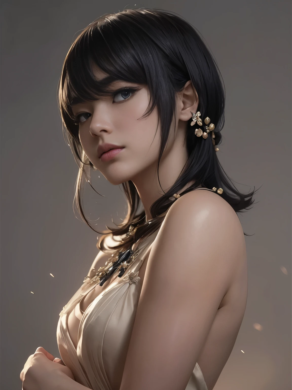 (Best quality, 8k, 32k, Masterpiece, UHD:1.2) "Generate a captivating artwork featuring a young Japanese girl model with short, sleek black hair styled in a chic bob haircut. Envision her bathed in dramatic cinematic lighting, creating an atmosphere of allure and mystery. Emphasize a romantic aesthetic vibe, showcasing the model in a poised and elegant pose that evokes a sense of intimacy and sophistication. Utilize warm and soft tones to enhance the romantic ambiance, and consider incorporating elements like flowing fabrics or flowers to add a touch of ethereal beauty. Capture the essence of romance and beauty through the model's expression, the play of light and shadows, and the overall aesthetic, creating a visually compelling and emotionally resonant piece." (perfect eyes), flawless skin, flawless face, cinematic, tight body, ((well-proportion female hands)), ((female hands with five digits))